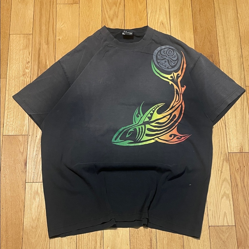 Men's Black Short-Sleeve Graphic Tee with Rainbow Shark Design